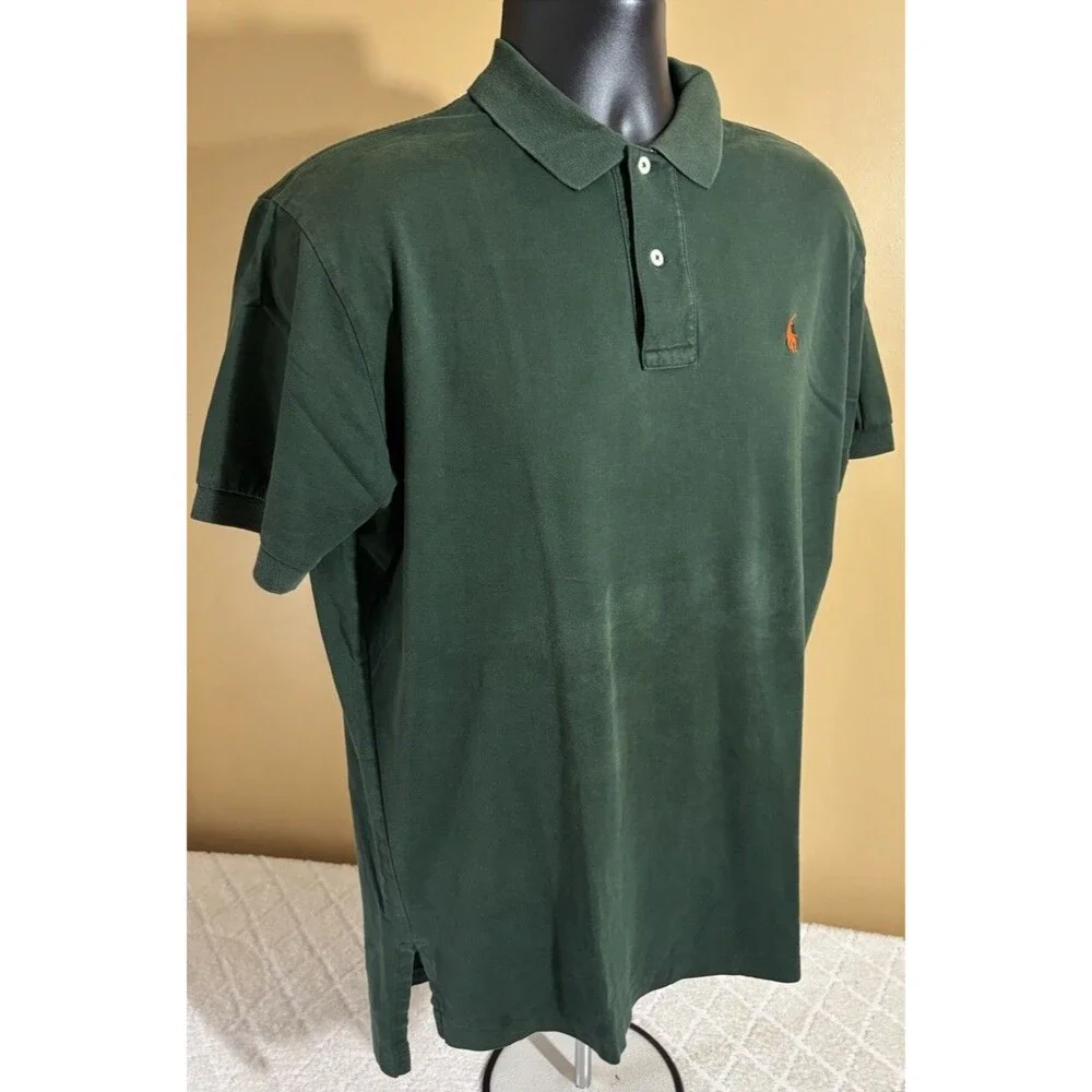 Ralph Lauren Green Orange Logo Polo Shirt 100% Cotton Mens Size M